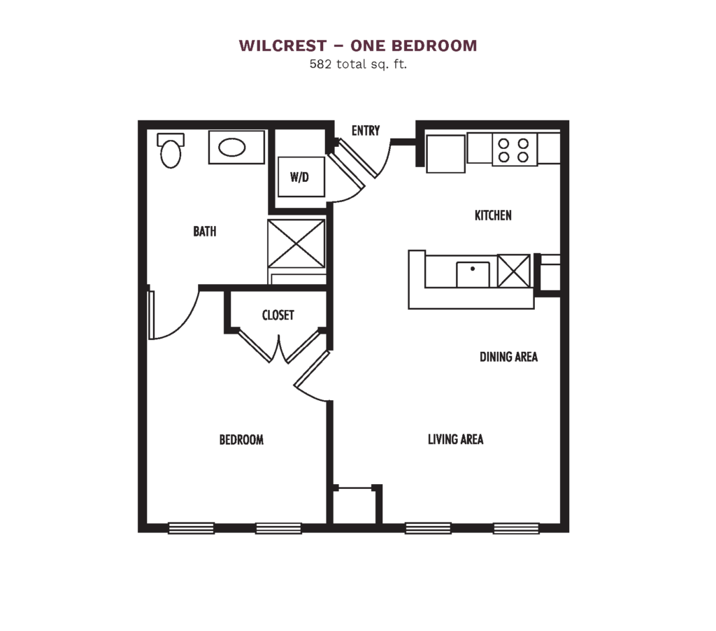 The Town Village Audubon Park layout for "Wilcrest - One Bedroom" with 582 square feet.