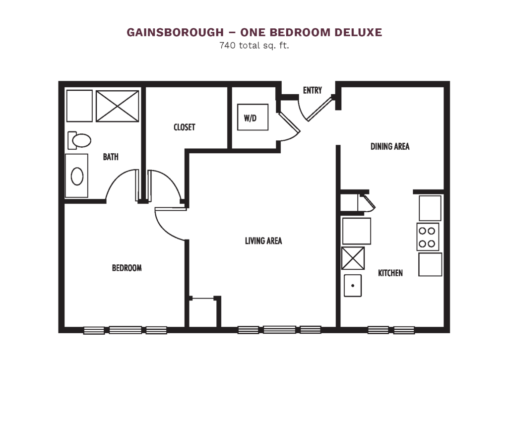 The Town Village Audubon Park layout for "Gainsborough - One Bedroom Deluxe" with 740 square feet.