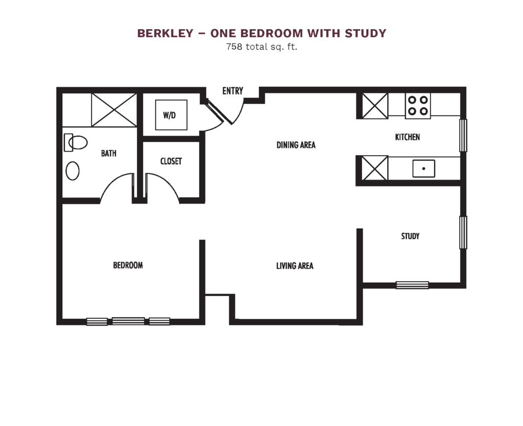 The Town Village Audubon Park layout for "Berkley - One Bedroom with Study" with 758 square feet.