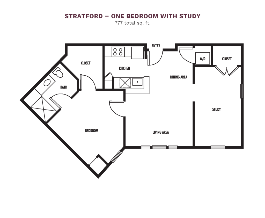 The Town Village Audubon Park layout for "Stratford - One Bedroom with Study" with 777 square feet.