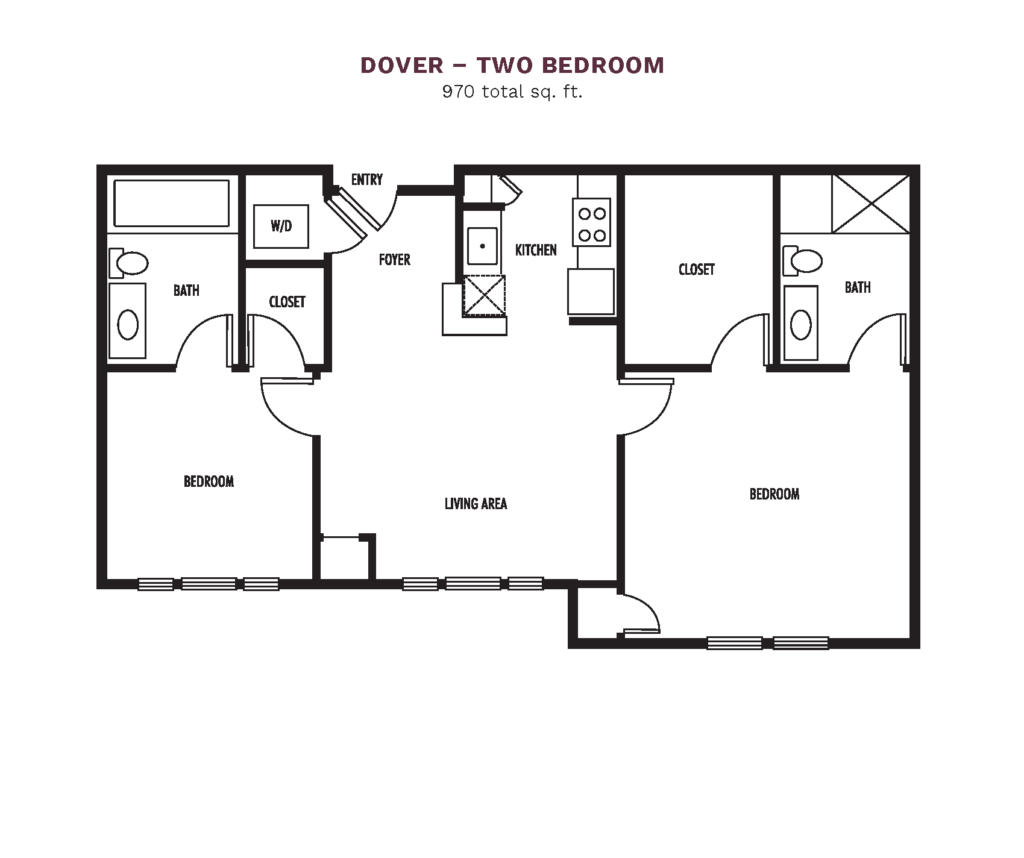 The Town Village Audubon Park layout for "Dover - Two Bedroom" with 970 square feet.