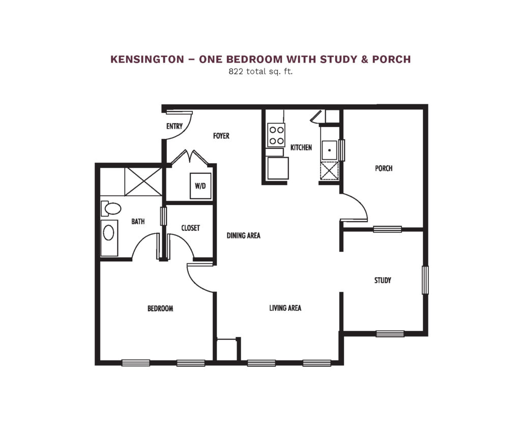Town Village Audubon Park layout for a "Kensington - One Bedroom With Study & Porch," 822 total square foot apartment. Apartment includes 1 bedroom, 1 bathroom, study, porch, kitchen, and spacious living area.