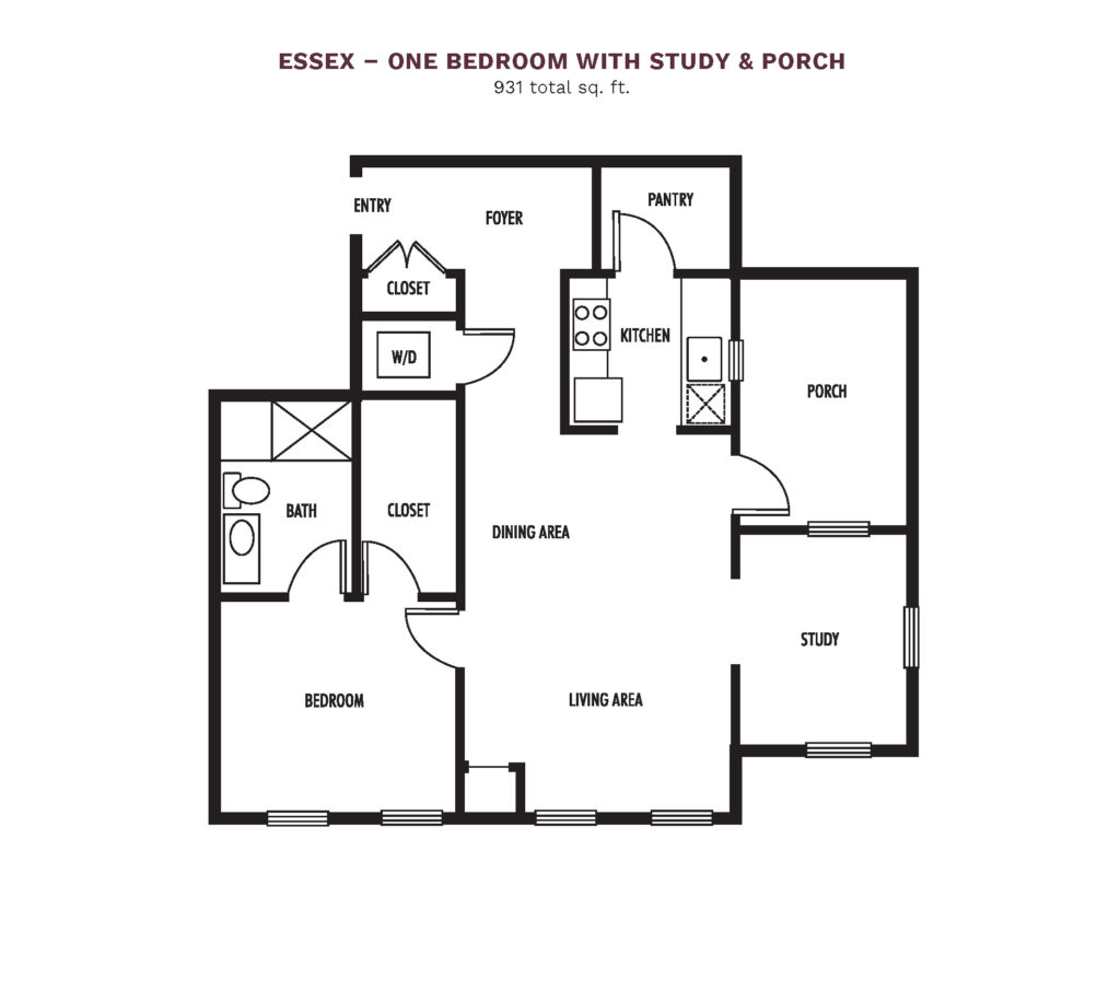 Town Village Audubon Park layout for a "Essex - One Bedroom With Study & Porch," 931 total square foot apartment. Apartment includes 1 bedroom, 1 bathroom, study, porch, kitchen (with pantry), and spacious living area.