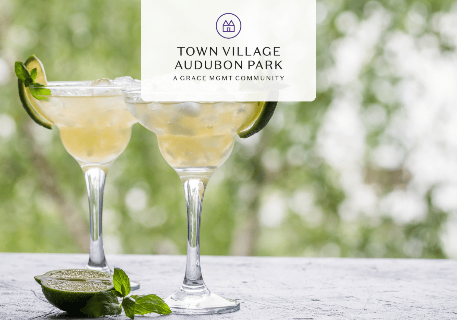 Two margarita glasses with lime wedges on a textured table, soft green background, overlaid with the Town Village Audubon Park logo.