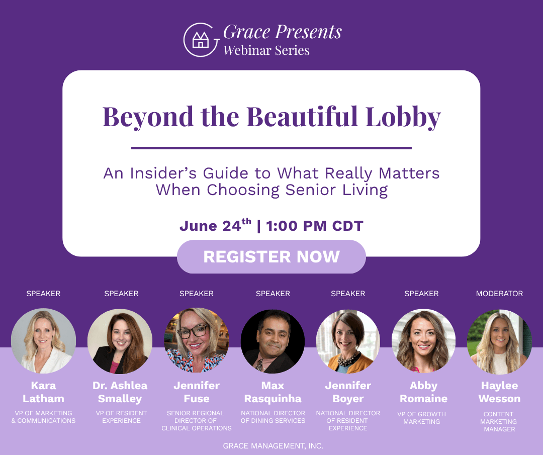 Promo for Grace Presents webinar 'Beyond the Beautiful Lobby' with date June 24, 1:00 PM CDT and a Register Now button.