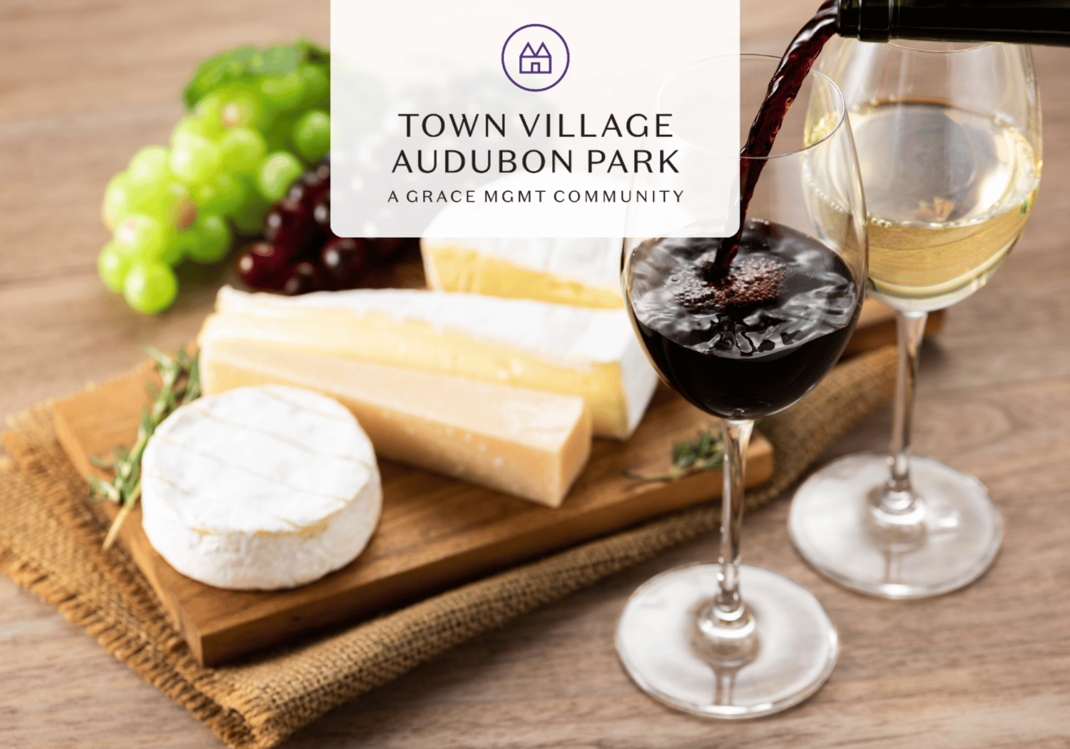 Wine being poured into a cheese board spread with brie, wedges, grapes, and herbs; a logo overlay sits in the center.