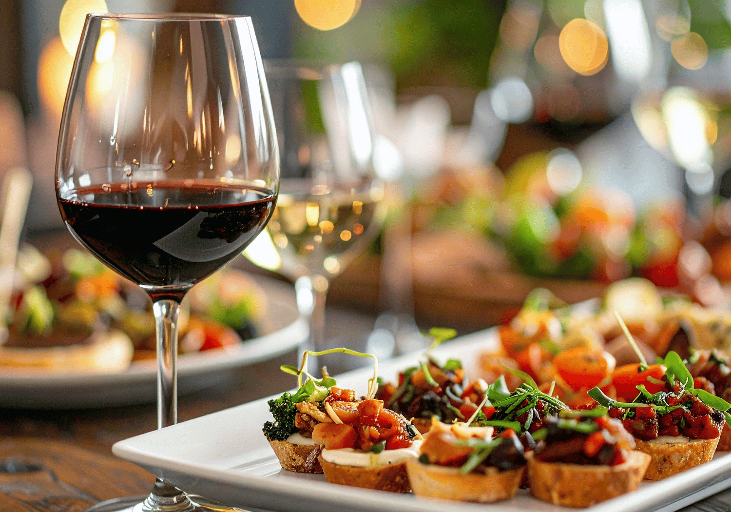 Close-up of a red wine glass on a wooden table with a platter of bruschetta canapés in the foreground and warm bokeh lights in the background